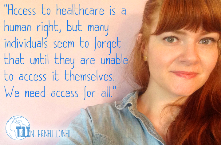 Erin from USA with pink background and words: "Access to healthcare is a human right, but many individuals seem to forget that until they are unable to access it themselves. We need access for all."