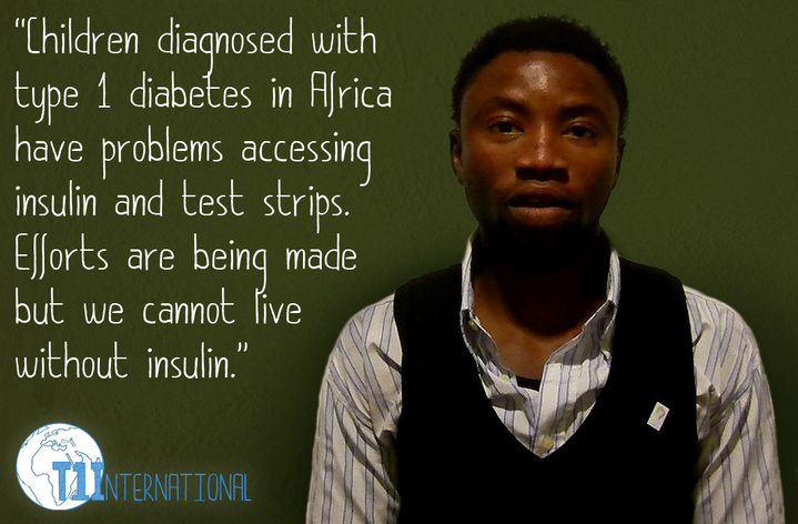 Lamin from Gambia and words: "Children diagnosed with Type 1 Diabetes in Africa have problems accessing insulin and test strips. Efforts are being made but we cannot live without insulin."