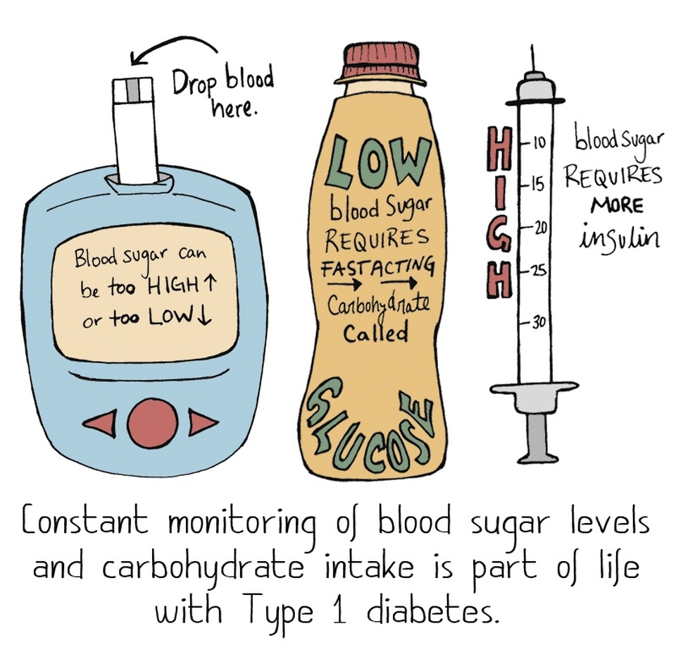Cartoon of a glucose meter, glucose bottle and syringe with the words: "Constant monitoring of blood sugar levels and carbohydrate intake is part of life with type 1 diabetes."