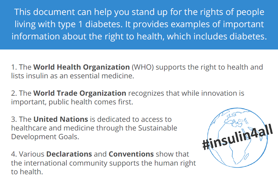 Rights of people living with type 1 diabetes document, World Health Organization, World Trade Organization, United Nations and various declarations and conventions supporting human rights to health