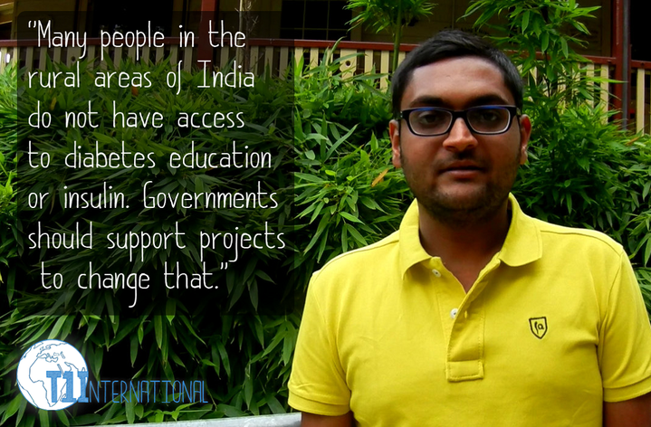 Binit from India in front of building with plants: "Many people in the rural areas of India do not have access to diabetes education or insulin. Governments should support projects to change that."