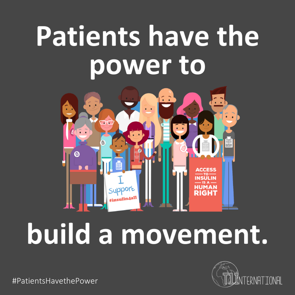 Many people standing together with the words ''Patients have the power to build a movement''